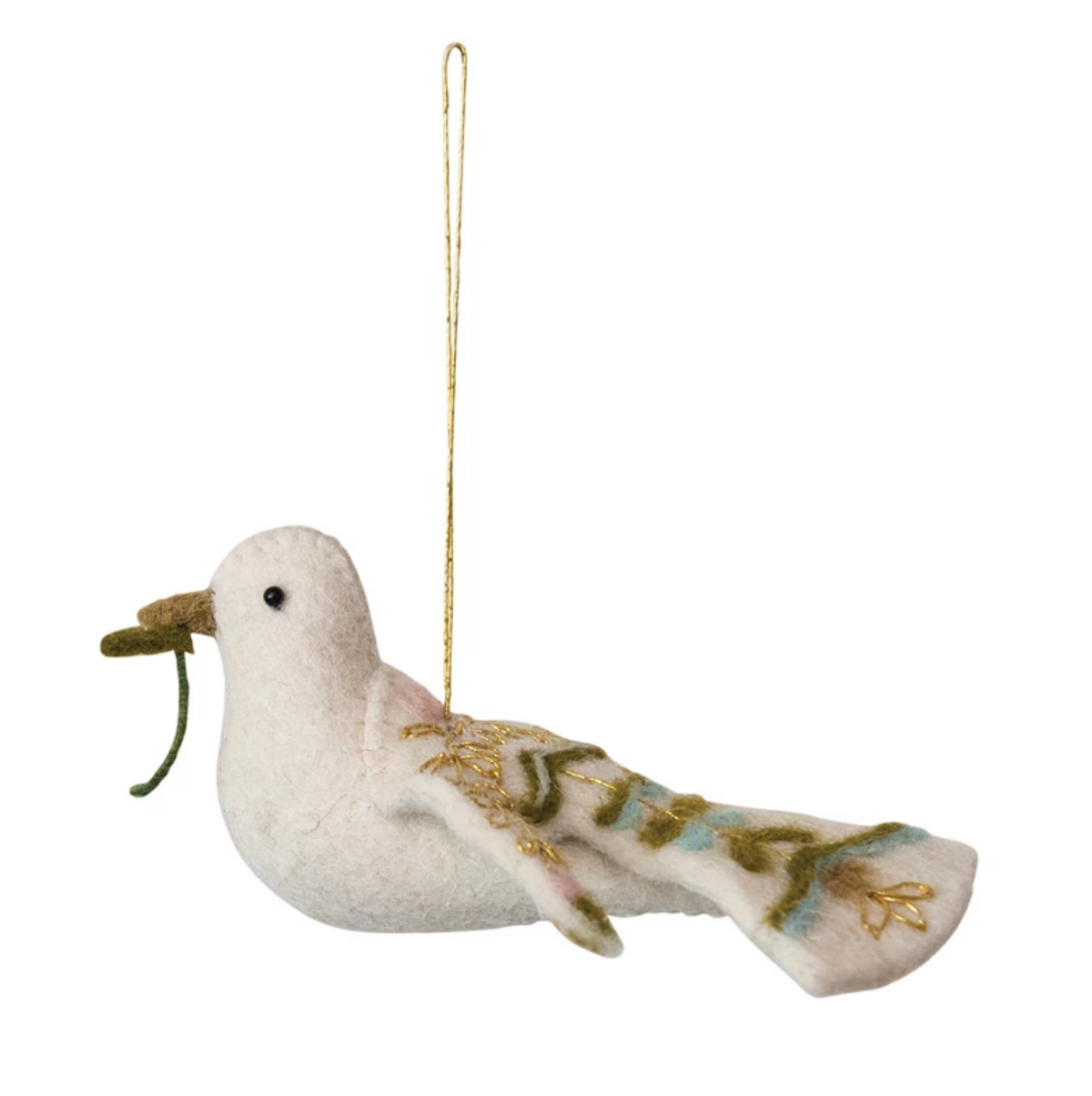Handmade wool felt dove Christmas ornament with colorful embroidered detailing.