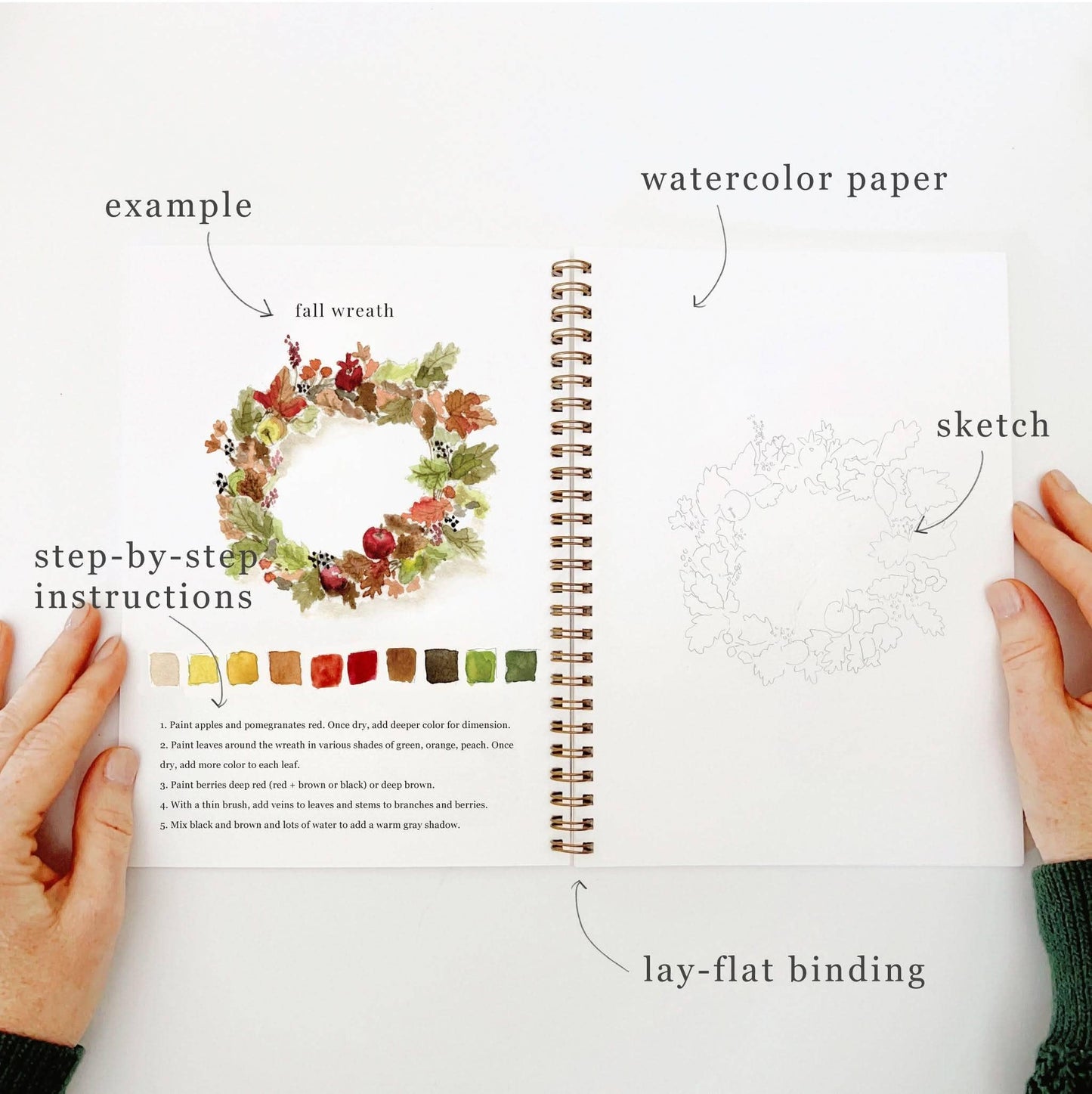 Interior pages of the Autumn Watercolor Workbook showing step-by-step painting instructions for pumpkins, fall leaves, a squirrel, and other seasonal illustrations.