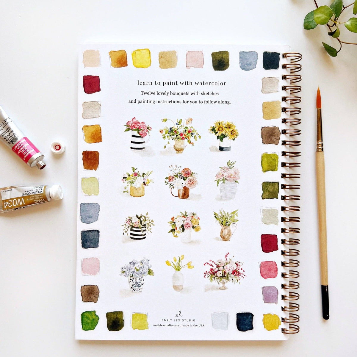 Bouquets Watercolor Workbook by Emily Lex featuring twelve beginner-friendly floral bouquet watercolor painting projects.