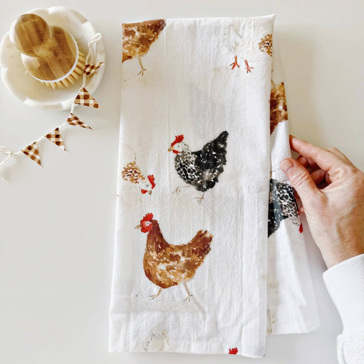 Emily Lex Chickens Cotton Flour Sack Tea Towel featuring original watercolor illustrations of farm chickens.