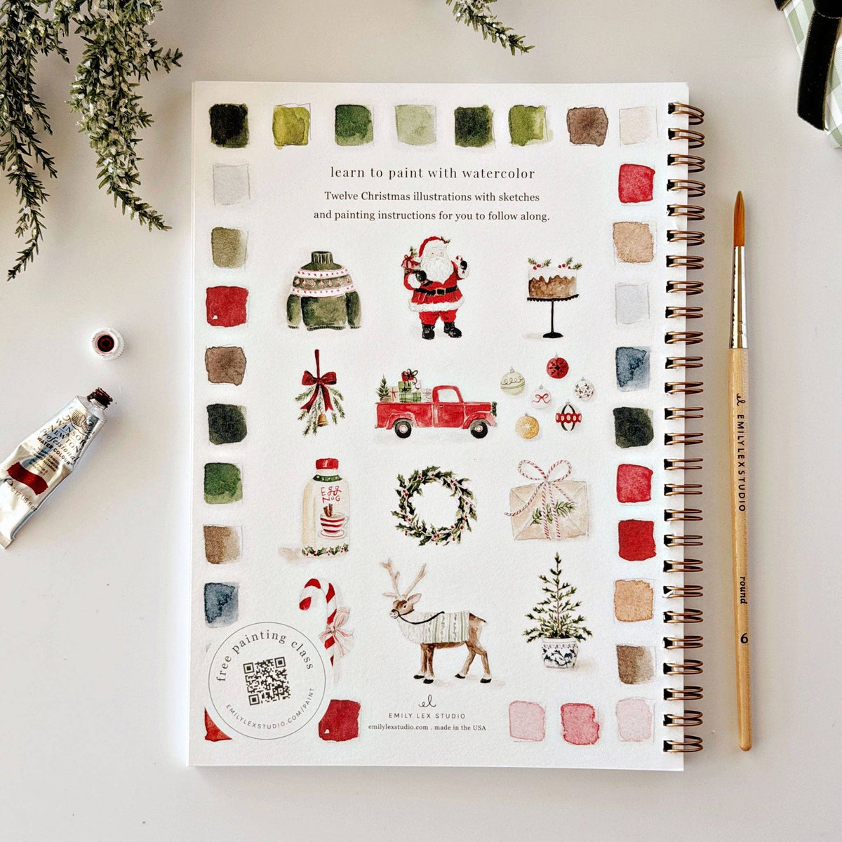 Selection of Christmas-themed watercolor painting projects from the Emily Lex workbook.