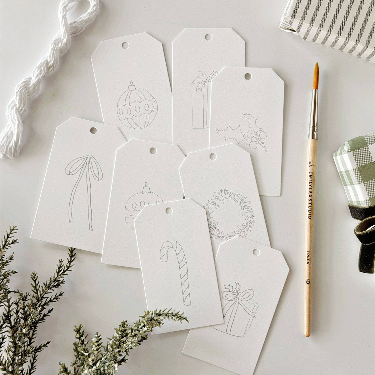 Emily Lex Classic Christmas Paintable Gift Tags featuring eight holiday watercolor designs ready to paint.