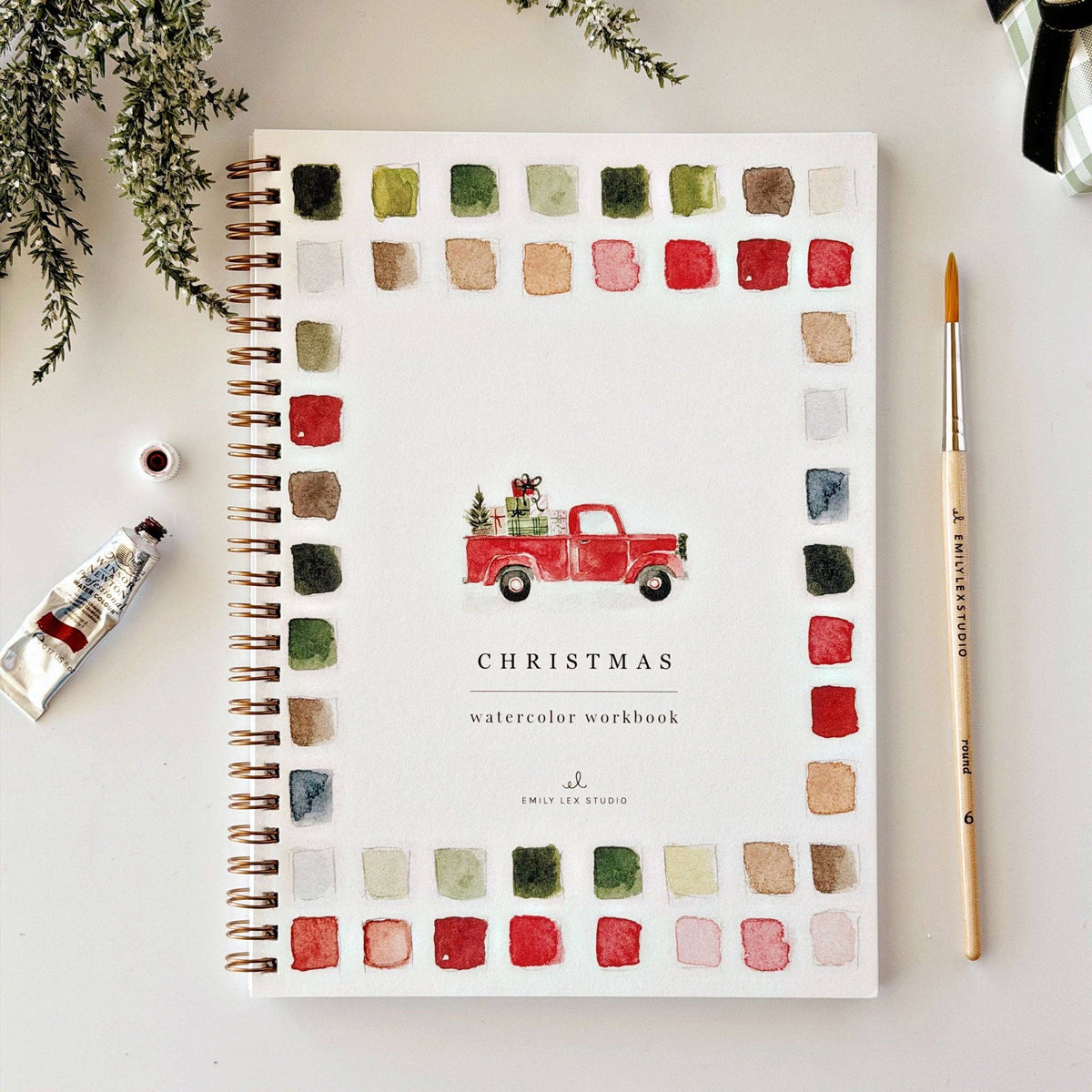 Front cover of the Emily Lex Classic Christmas Watercolor Workbook with festive Christmas artwork.