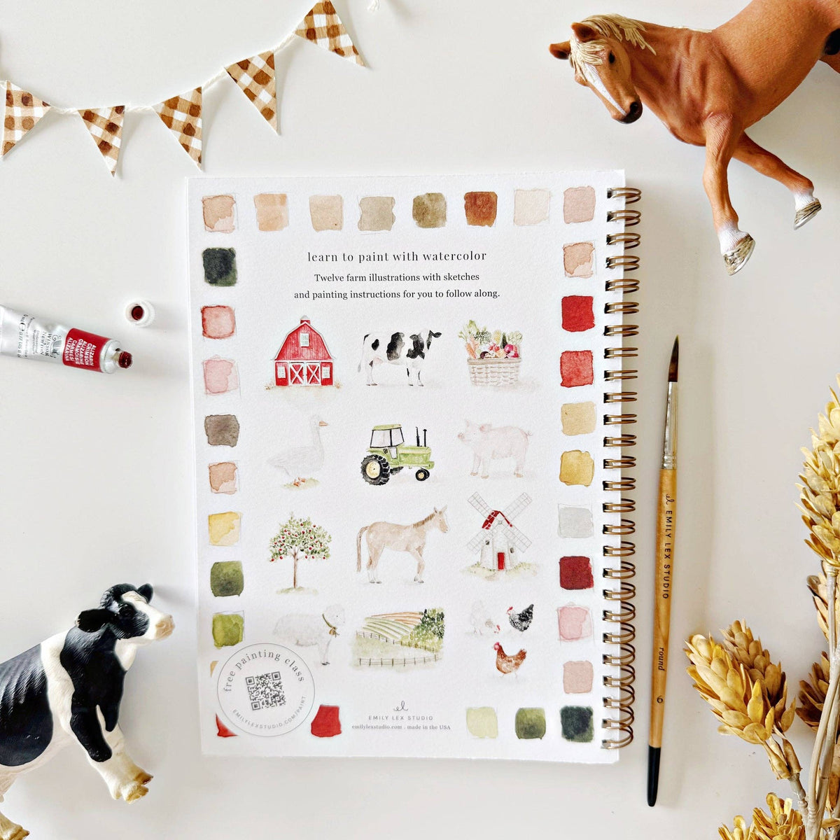 Farm Watercolor Workbook by Emily Lex featuring beginner-friendly farm-inspired watercolor painting projects.