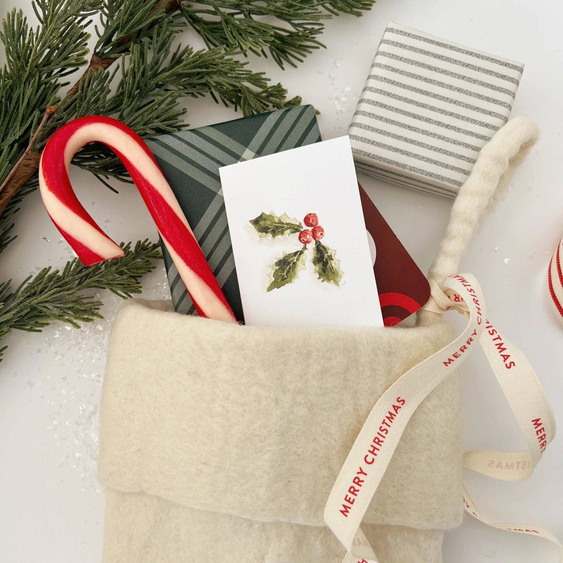 Holly Berry Christmas Mini Enclosure Card by Emily Lex featuring an original watercolor illustration of festive holly leaves and bright red berries.