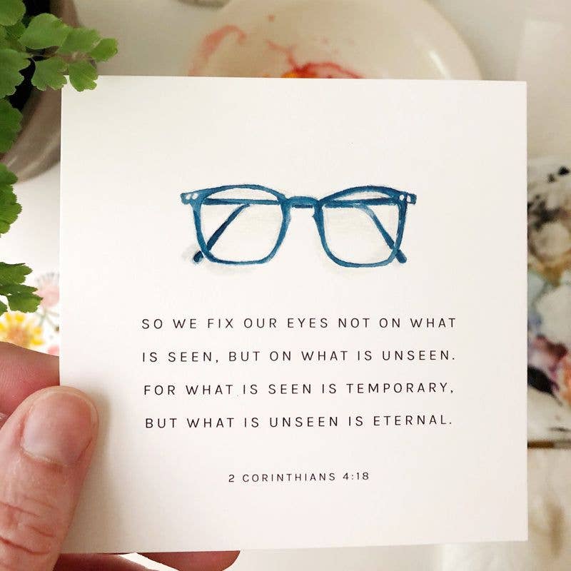 Close-up of 4-inch square Scripture cards with original watercolor artwork and encouraging Bible verses printed on textured cotton paper.
