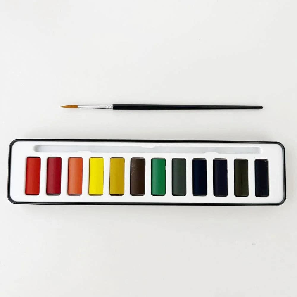 Emily Lex Watercolor Paint Set with 12 vibrant watercolor paints in a portable black tin.