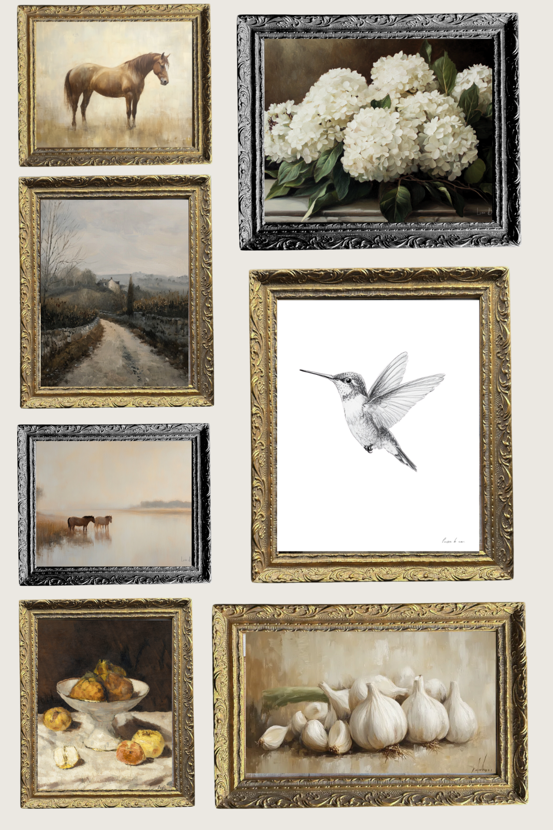 Horse by the River framed wall art in French black frame styled on gallery wall with collected decor