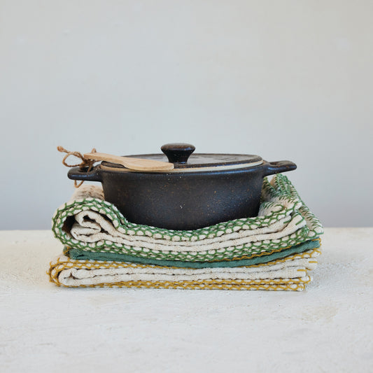 Espresso brown stoneware brie baker with a matte reactive glaze and bamboo serving spreader.