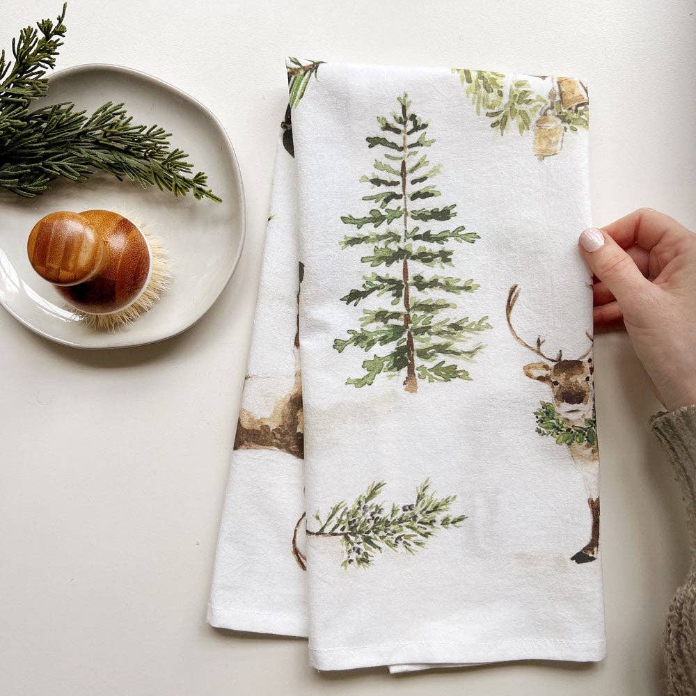Evergreen Christmas Cotton Tea Towel by Emily Lex featuring original watercolor evergreen illustrations on soft flour sack cotton.