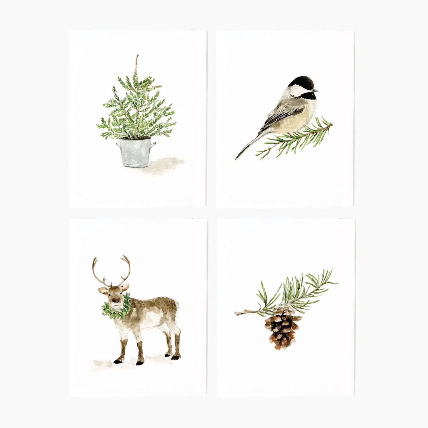 Evergreen Christmas Watercolor Notecard Set by Emily Lex featuring watercolor illustrations of a chickadee, pinecone, reindeer, and potted evergreen tree with coordinating envelopes.