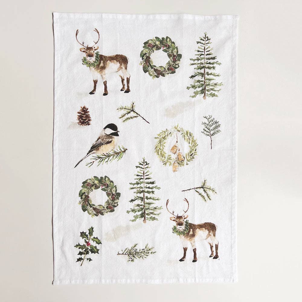 Evergreen Christmas Cotton Tea Towel by Emily Lex featuring original watercolor evergreen illustrations on soft flour sack cotton.