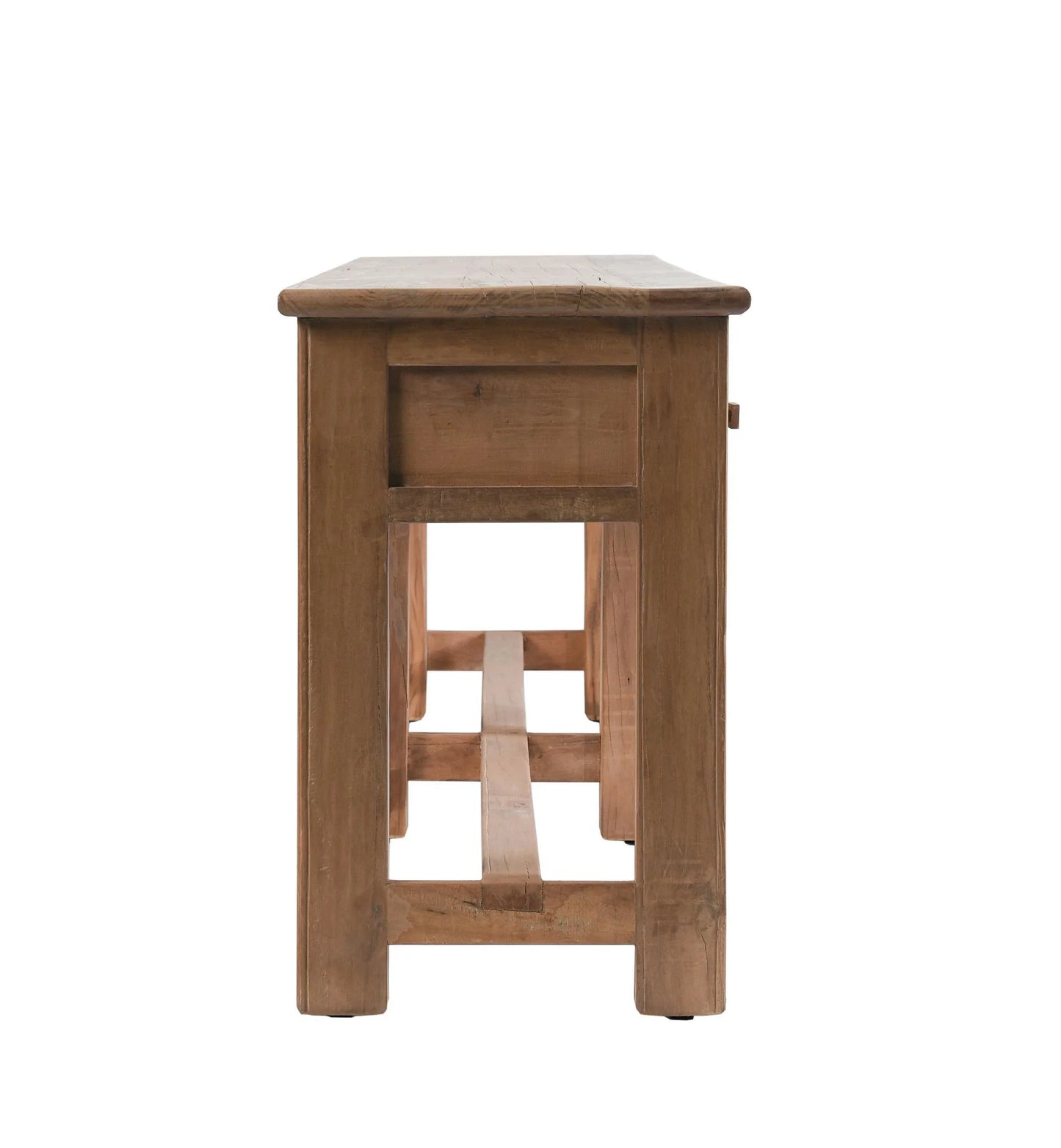 Close-up of the Ezra console table showcasing the reclaimed wood grain, natural texture, and handcrafted drawer fronts.