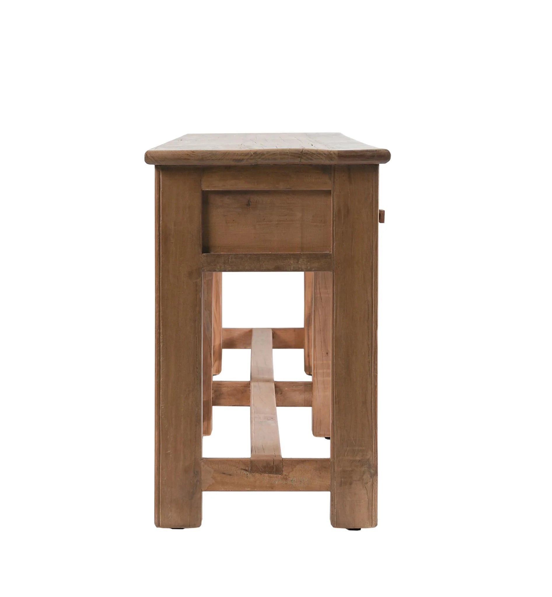 Close-up of the Ezra console table showcasing the reclaimed wood grain, natural texture, and handcrafted drawer fronts.