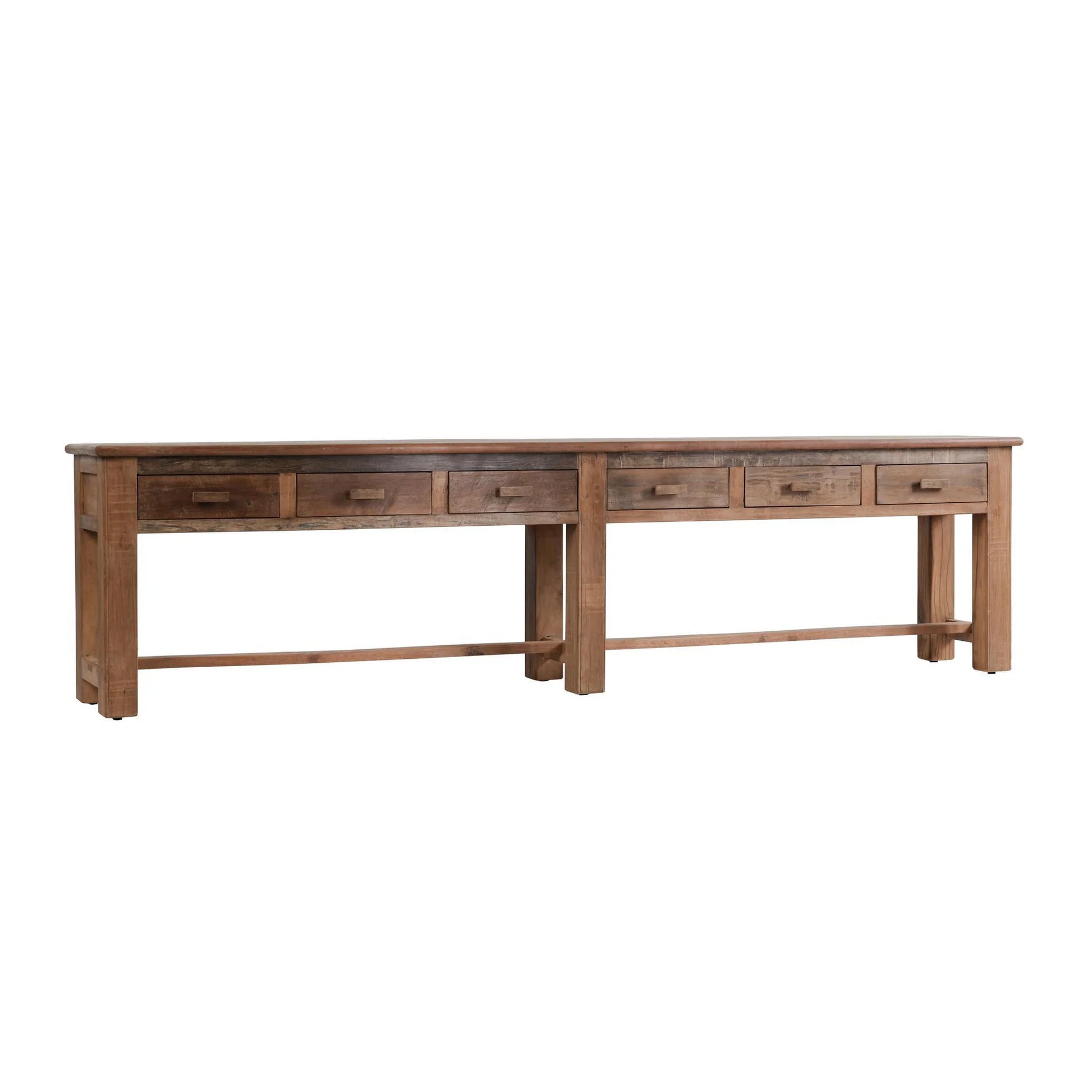 Ezra reclaimed wood console table featuring six spacious drawers, a natural finish, and timeless artisan craftsmanship.