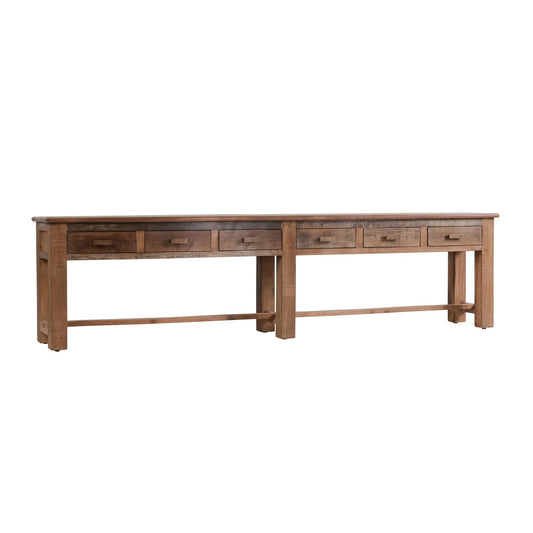 Ezra reclaimed wood console table featuring six spacious drawers, a natural finish, and timeless artisan craftsmanship.
