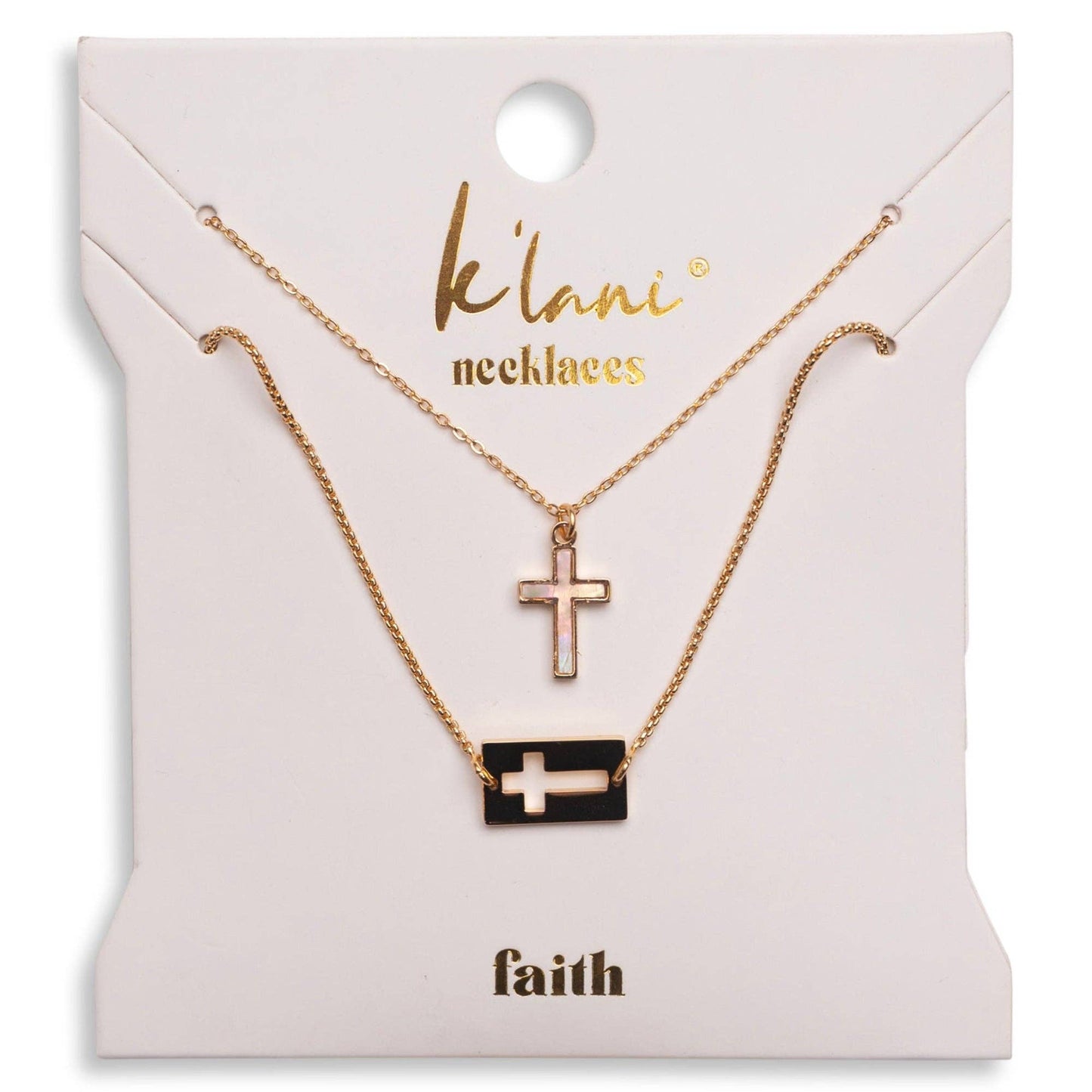 Faith gold necklace set with luminous mother of pearl details and a delicate cross pendant.