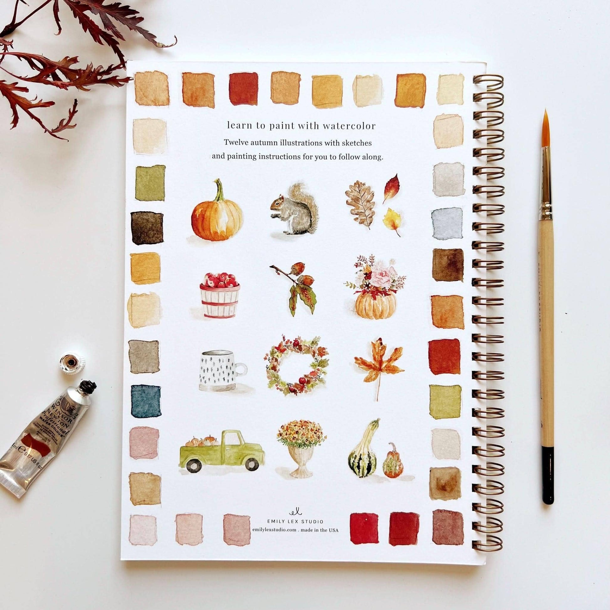 Autumn Watercolor Workbook by Emily Lex featuring twelve guided watercolor projects inspired by the beauty of fall.