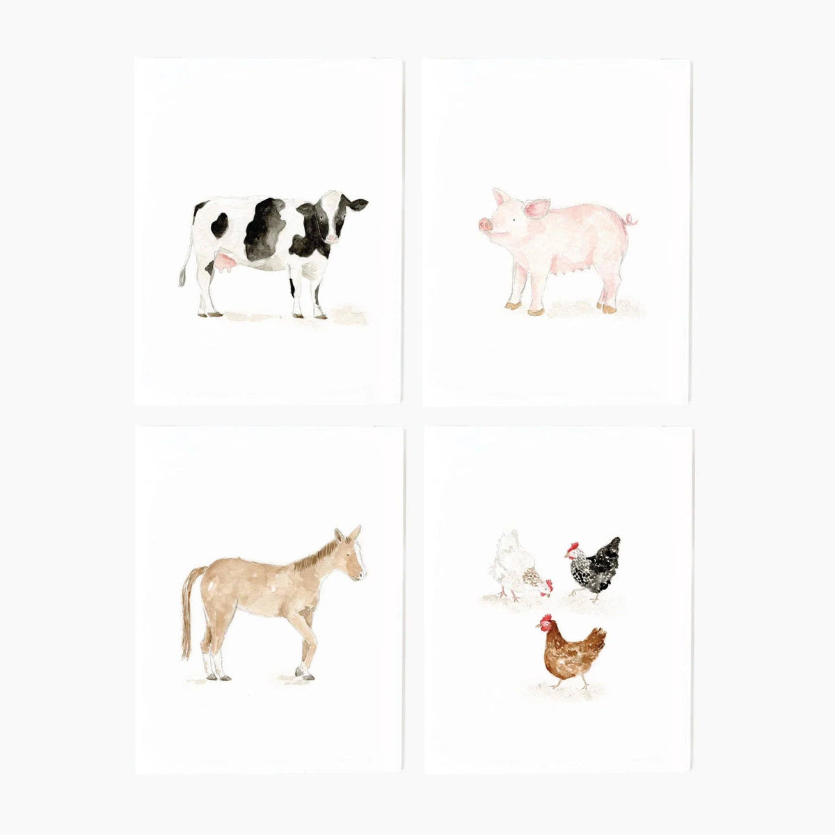 Farm Animals Assorted Notecard Set featuring four original watercolor farm animal illustrations by Emily Lex.