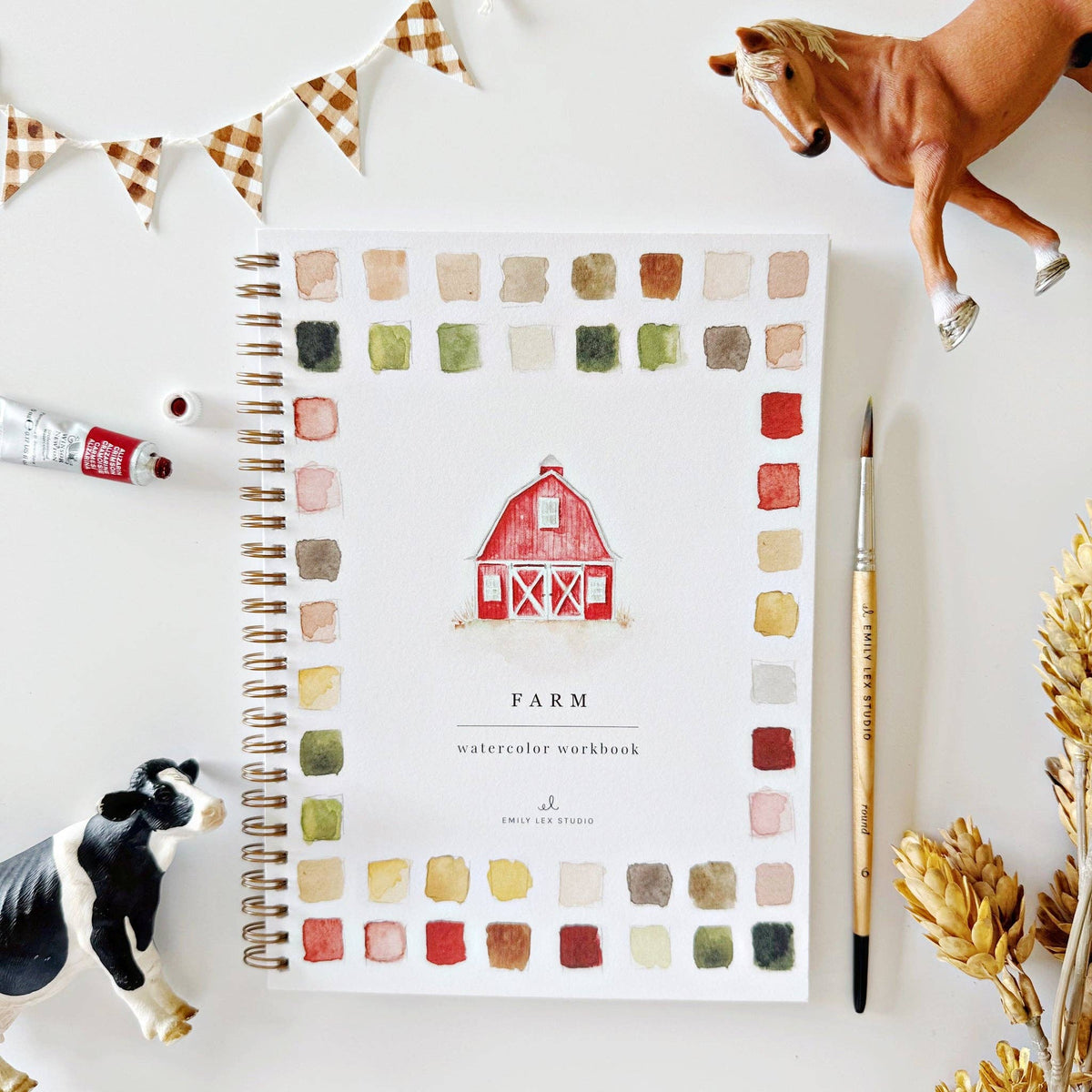 Farm Watercolor Workbook by Emily Lex featuring beginner-friendly farm-inspired watercolor painting projects.