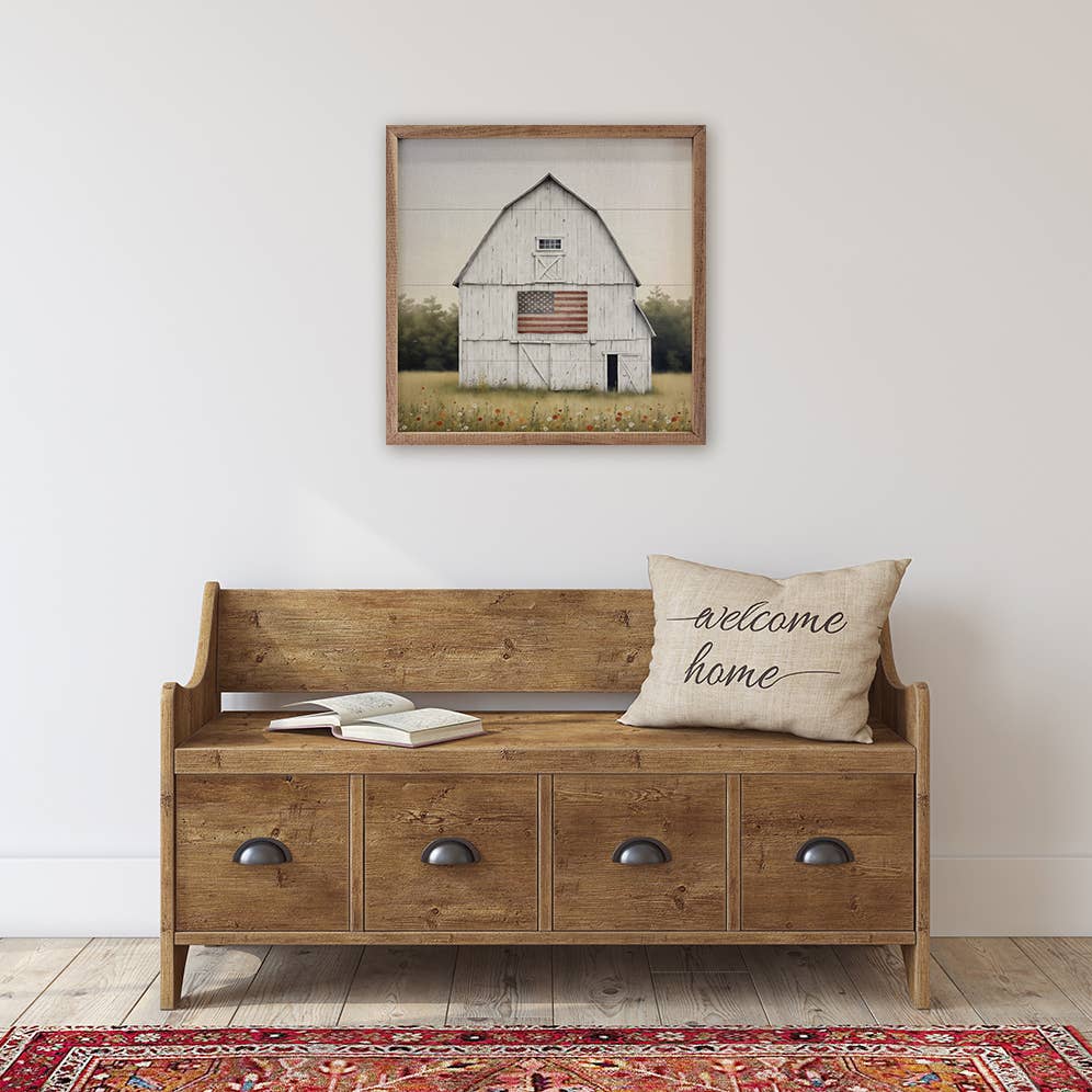 White Summer Flag Barn Americana wall art with walnut wood frame styled in a rustic farmhouse inspired home
