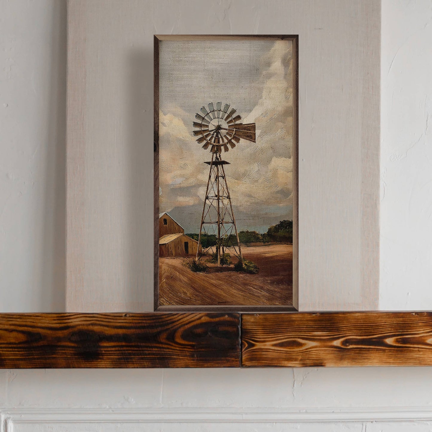 Windmill on the Farm framed wood wall art featuring a peaceful rural landscape with a classic windmill in a rich natural walnut frame.