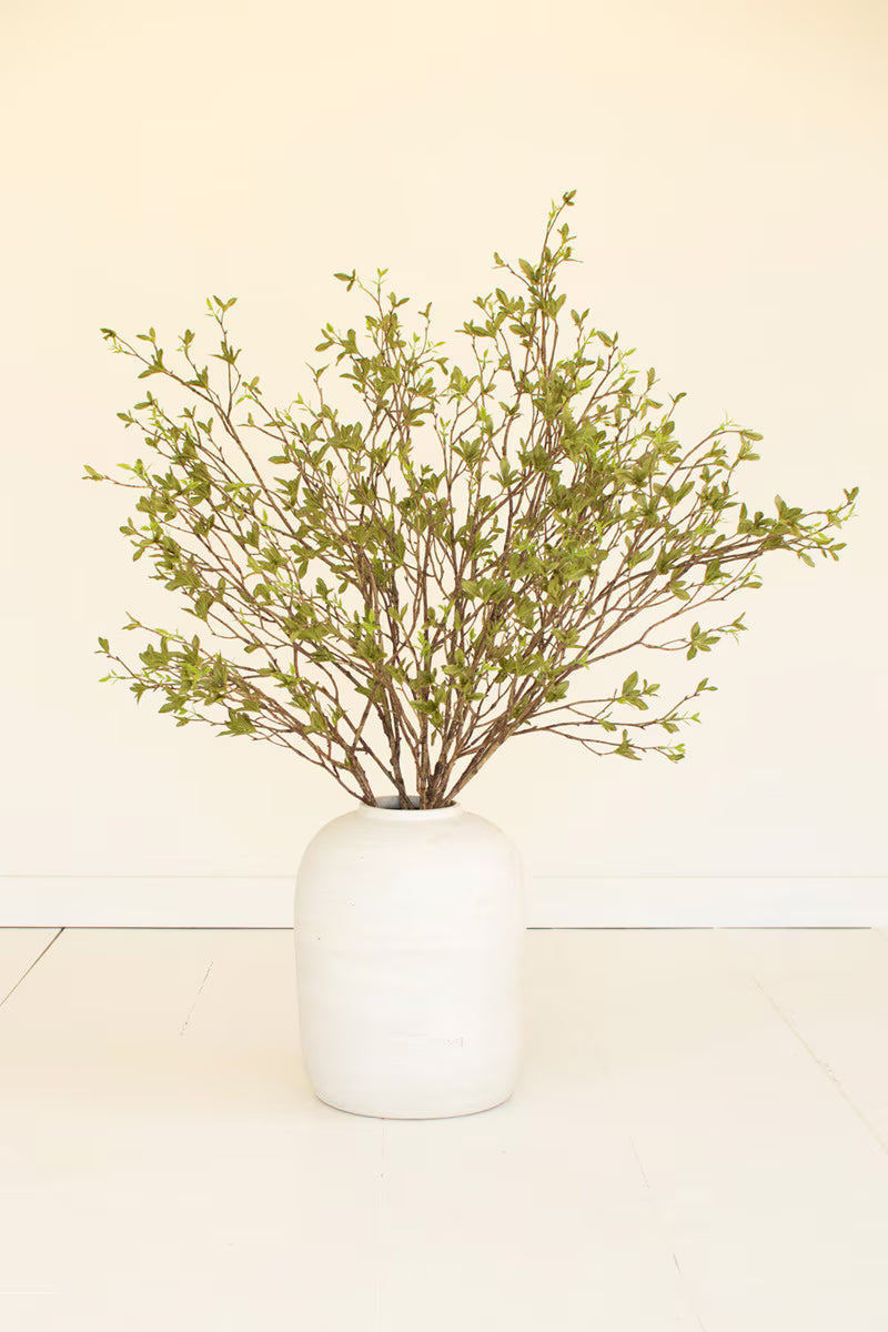 Artificial budding leaf spray featuring realistic green berry clusters and slender branching stems.