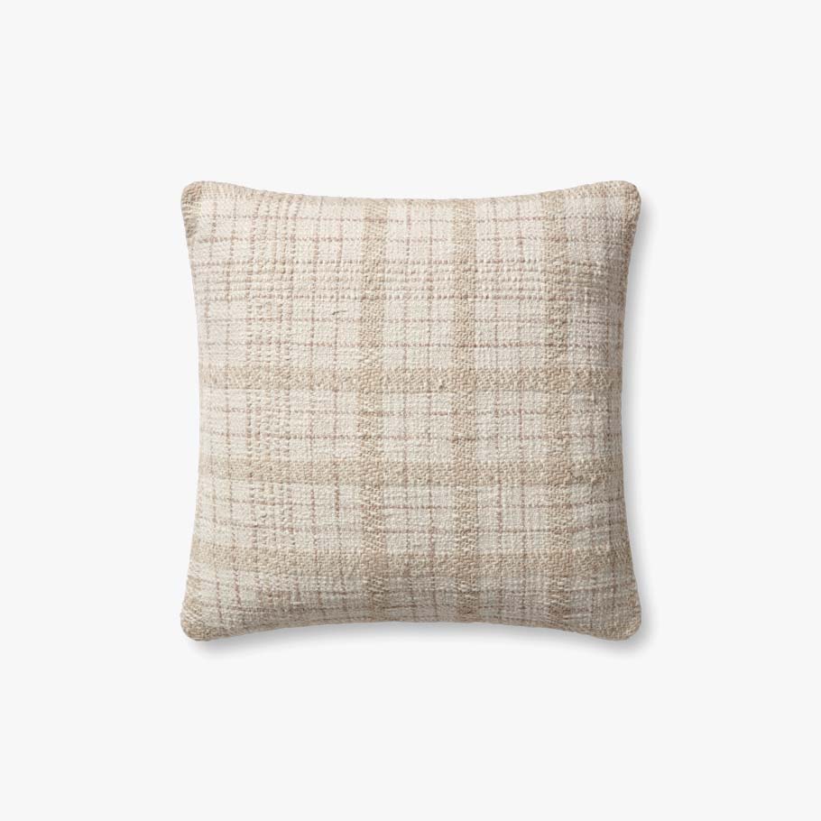 Fern decorative throw pillow in ivory and beige featuring a timeless woven check pattern with a premium down-filled insert.