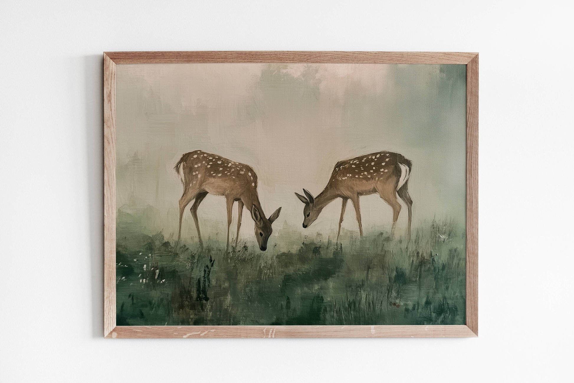 Field of Deer Art Print on an 11 by 14 inch premium cotton canvas panel featuring deer in a peaceful countryside landscape.