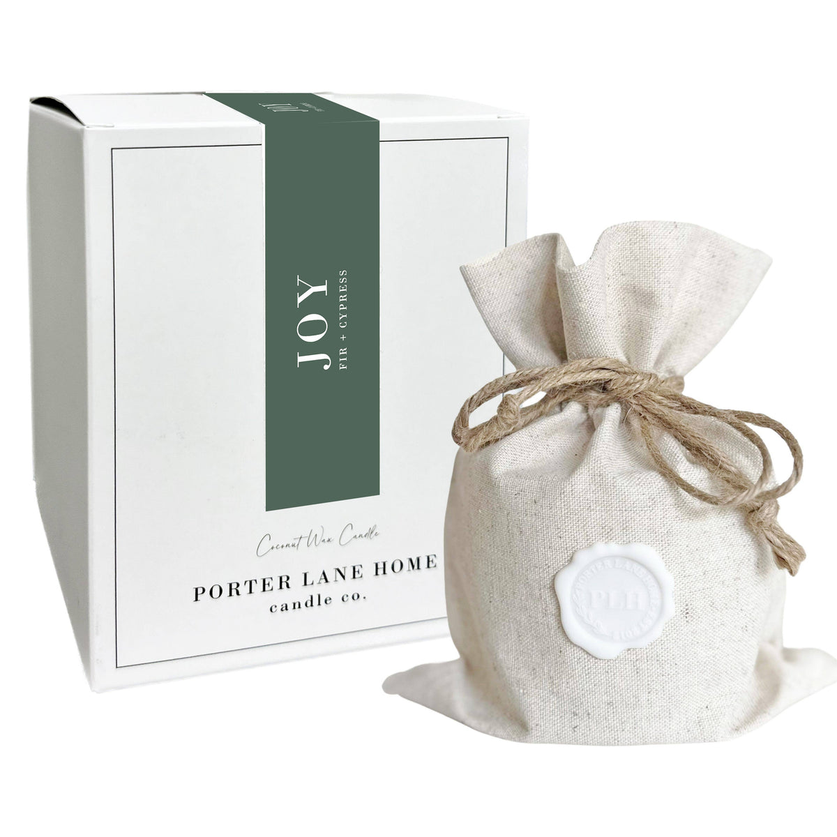 Joy Fir + Cypress 9 oz coconut wax candle in a frosted glass jar featuring the fresh scent of evergreen, fir, cedar, and cypress.