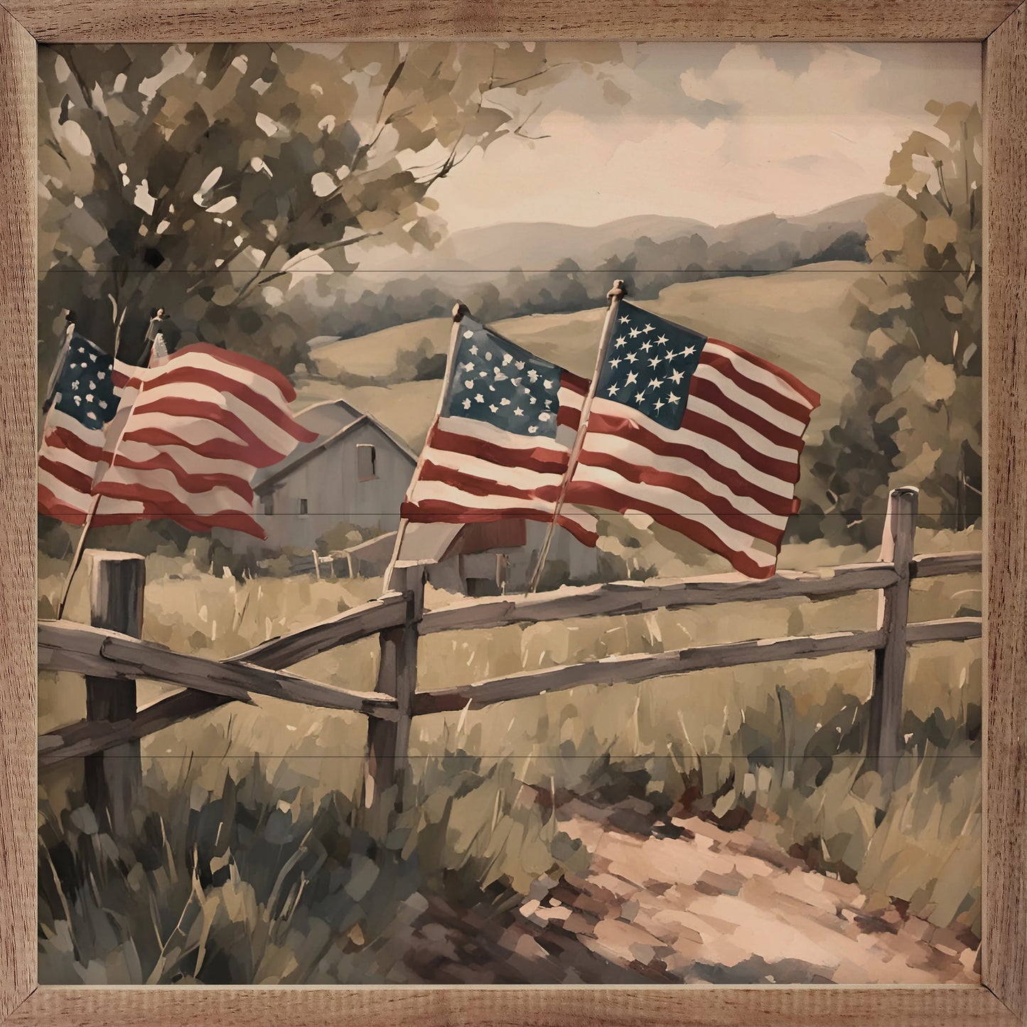 Flags on Wooden Fence Americana Art