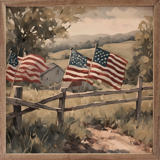 Flags on Wooden Fence Americana Art