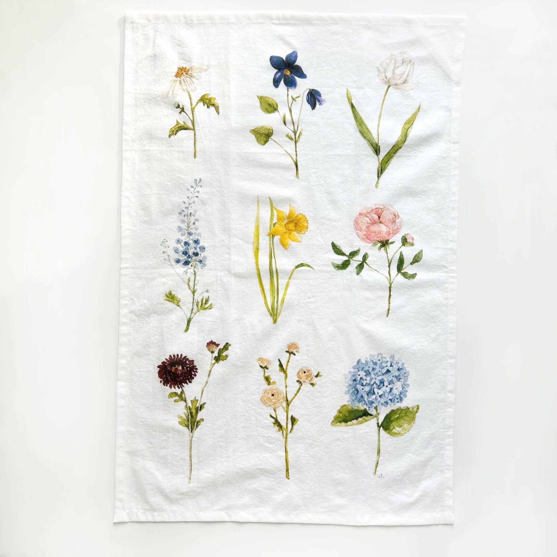 Botanical garden flower watercolor illustrations printed on a soft cotton flour sack tea towel.