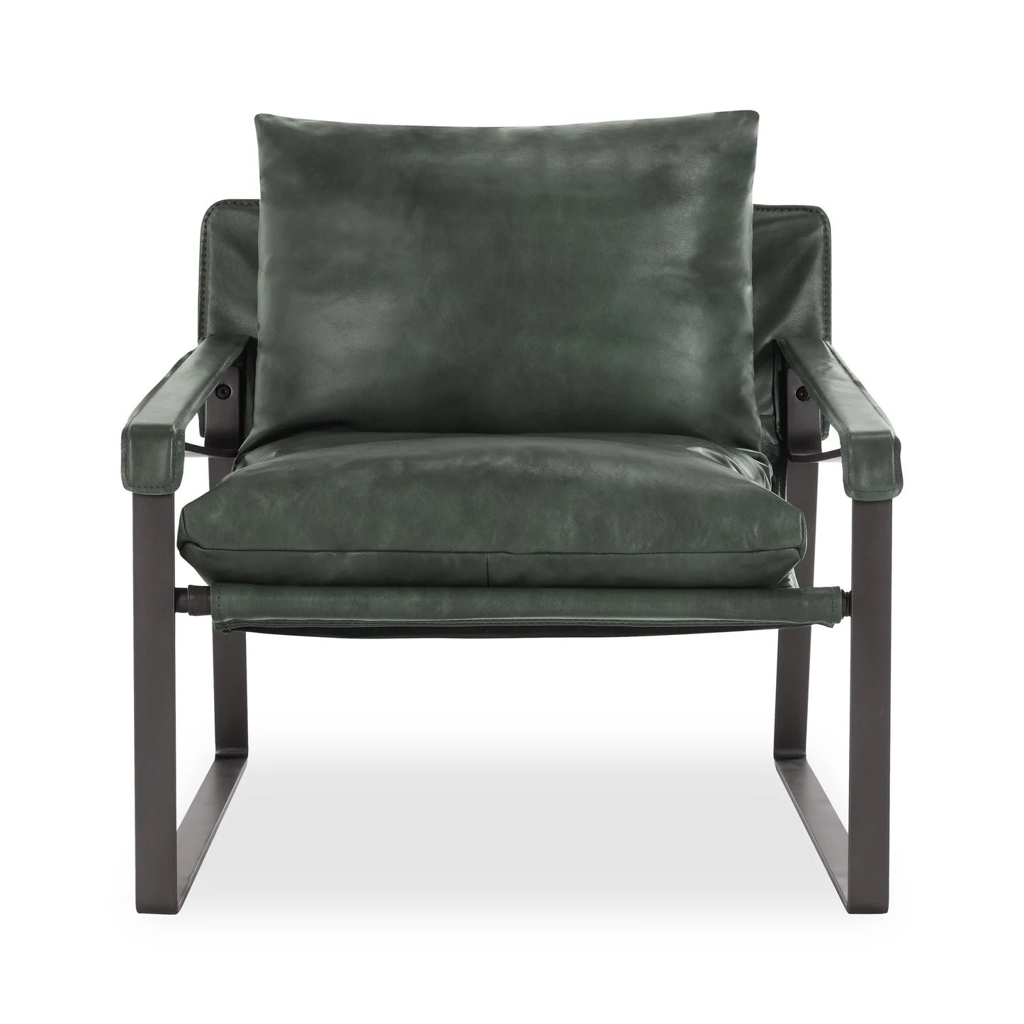 Morgan Leather Accent Chair upholstered in premium top-grain leather in Forest Green with leather-wrapped arms and slender black iron legs.