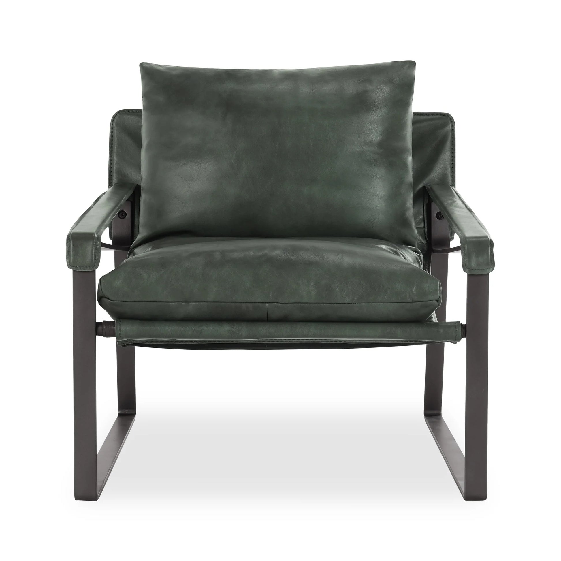 Morgan Leather Accent Chair upholstered in premium top-grain leather in Forest Green with leather-wrapped arms and slender black iron legs.