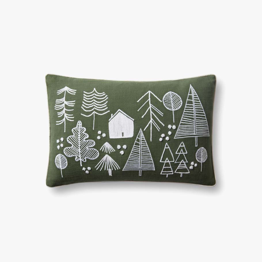 Forest green textured throw pillow with a cotton blend woven cover, self-welt edge, and premium down-filled insert.