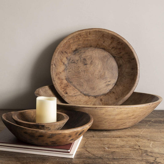 Natural reclaimed wood dough bowl with rustic character, organic shape, and distinctive wood grain.