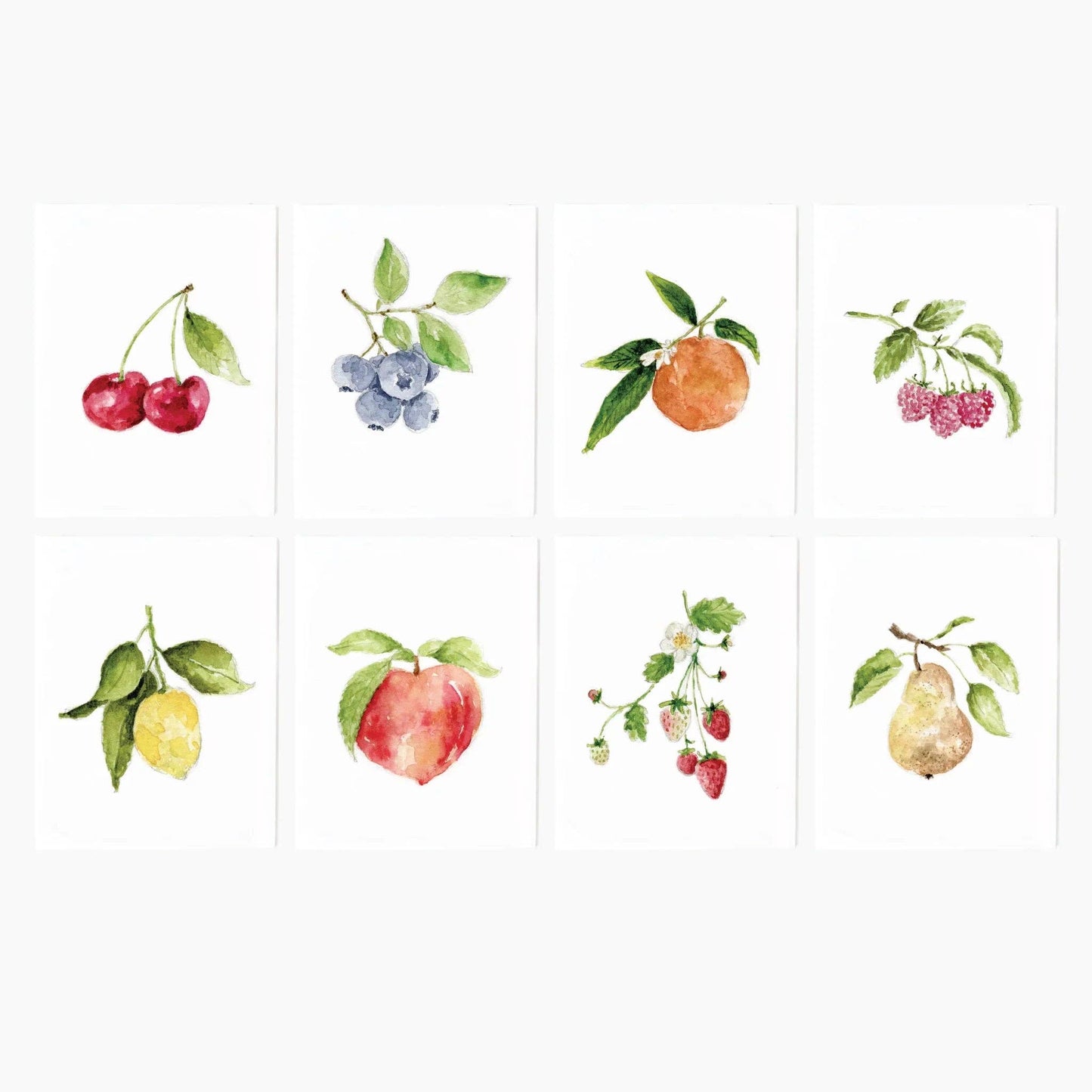 Fruit Assorted Watercolor Notecard Set by Emily Lex featuring eight original watercolor fruit illustrations with coordinating envelopes.