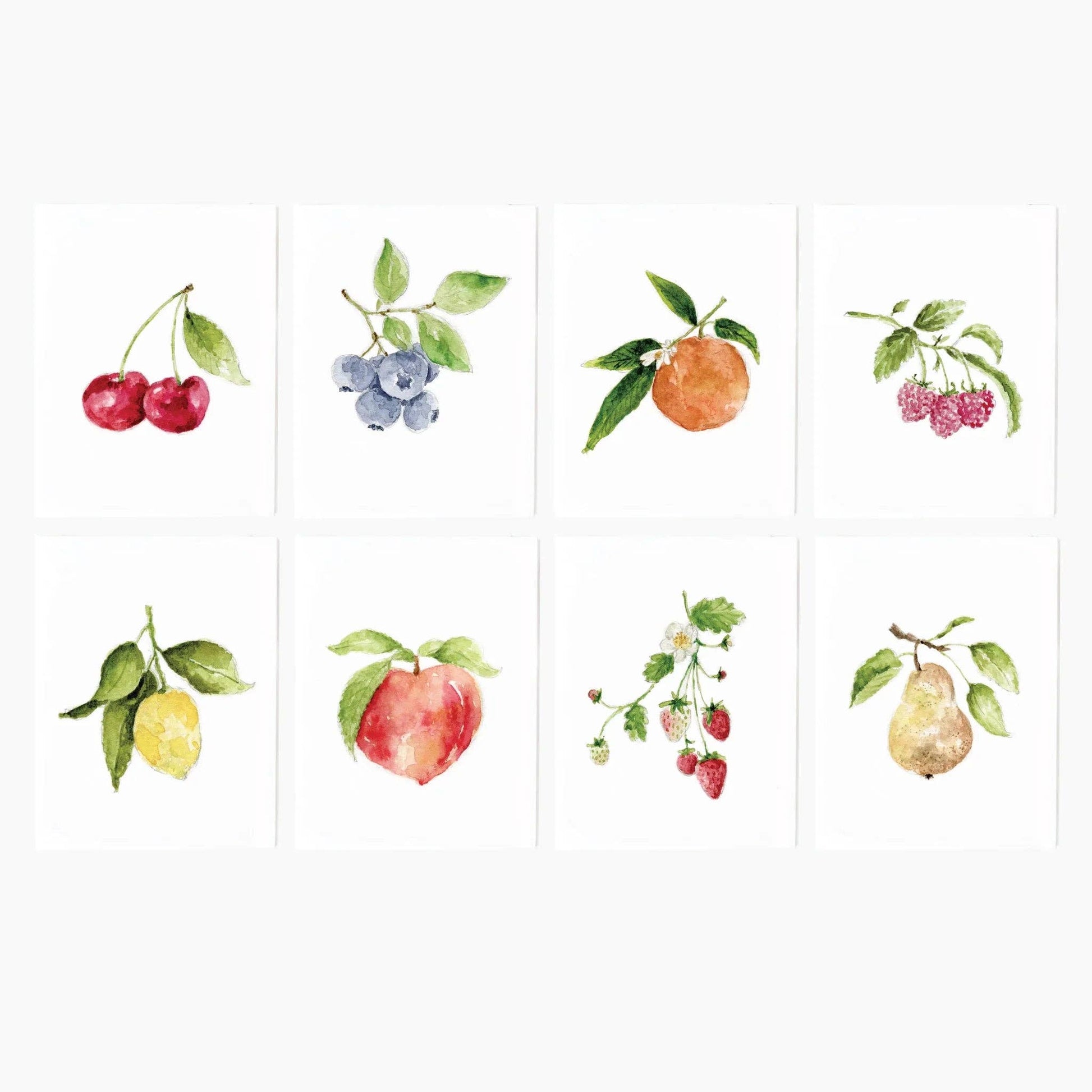 Fruit Assorted Watercolor Notecard Set by Emily Lex featuring eight original watercolor fruit illustrations with coordinating envelopes.