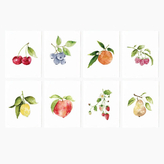 Fruit Assorted Watercolor Notecard Set by Emily Lex featuring eight original watercolor fruit illustrations with coordinating envelopes.