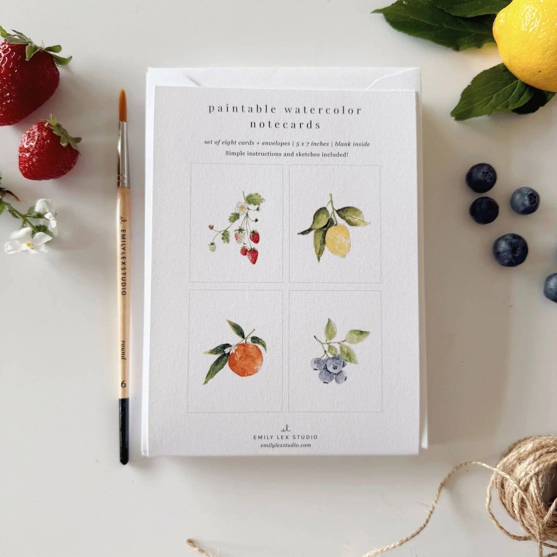 Set of eight paintable watercolor notecards featuring fruit illustrations including strawberry, lemon, orange, and blueberry.