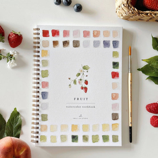 Fruit Watercolor Workbook featuring beginner-friendly pre-outlined fruit illustrations ready to paint.