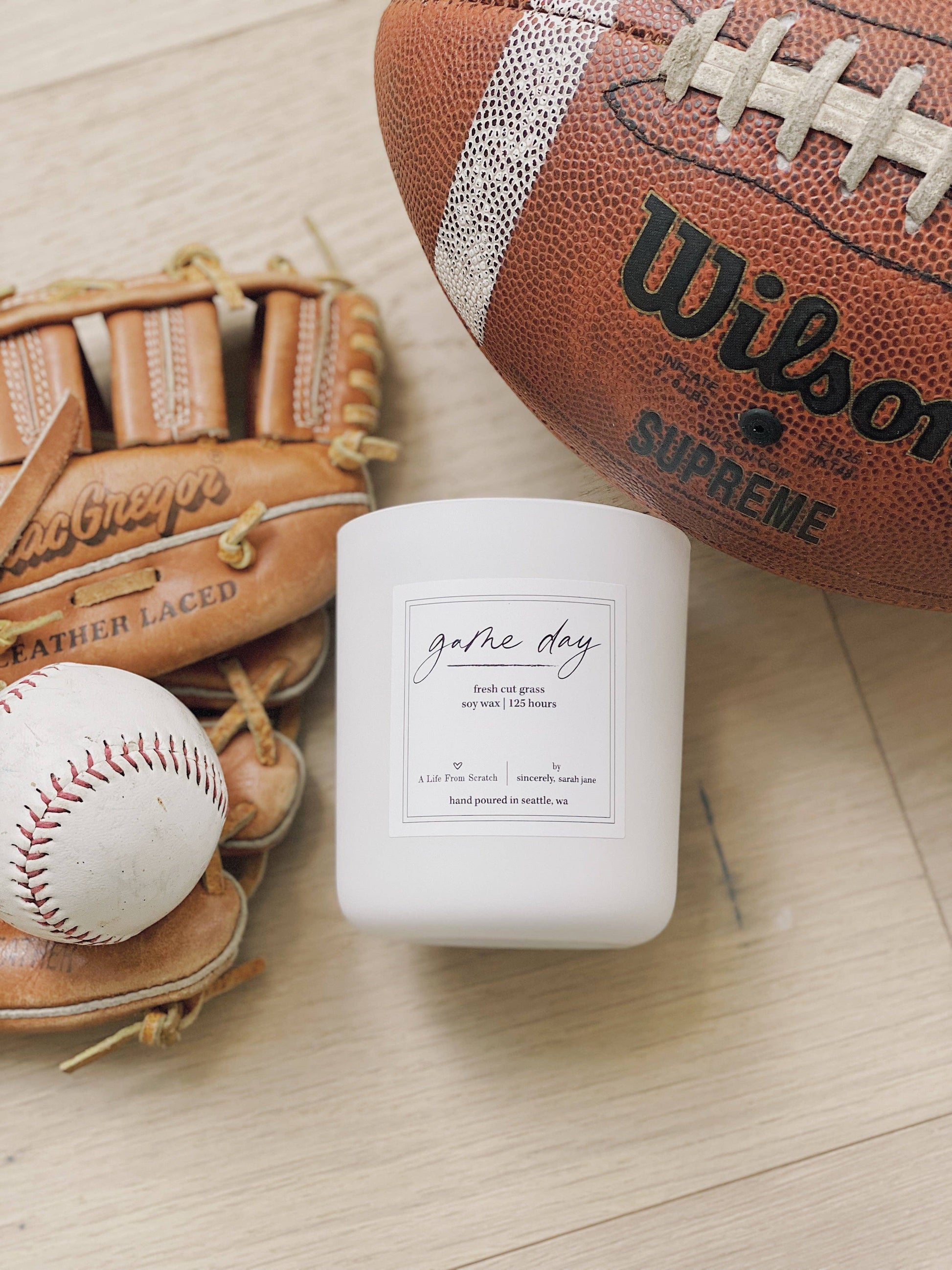 Game Day candle inspired by afternoons at the ballpark and the fresh scent of spring fields.