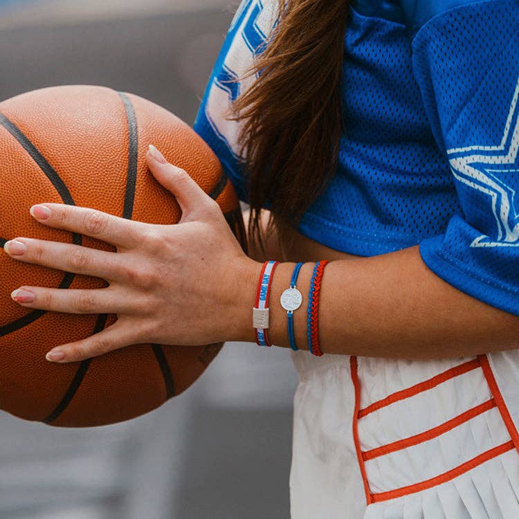 Game Day set of five red, blue, and white hair tie bracelets with a “Let’s Go” charm and natural stone bead accent in size Large.