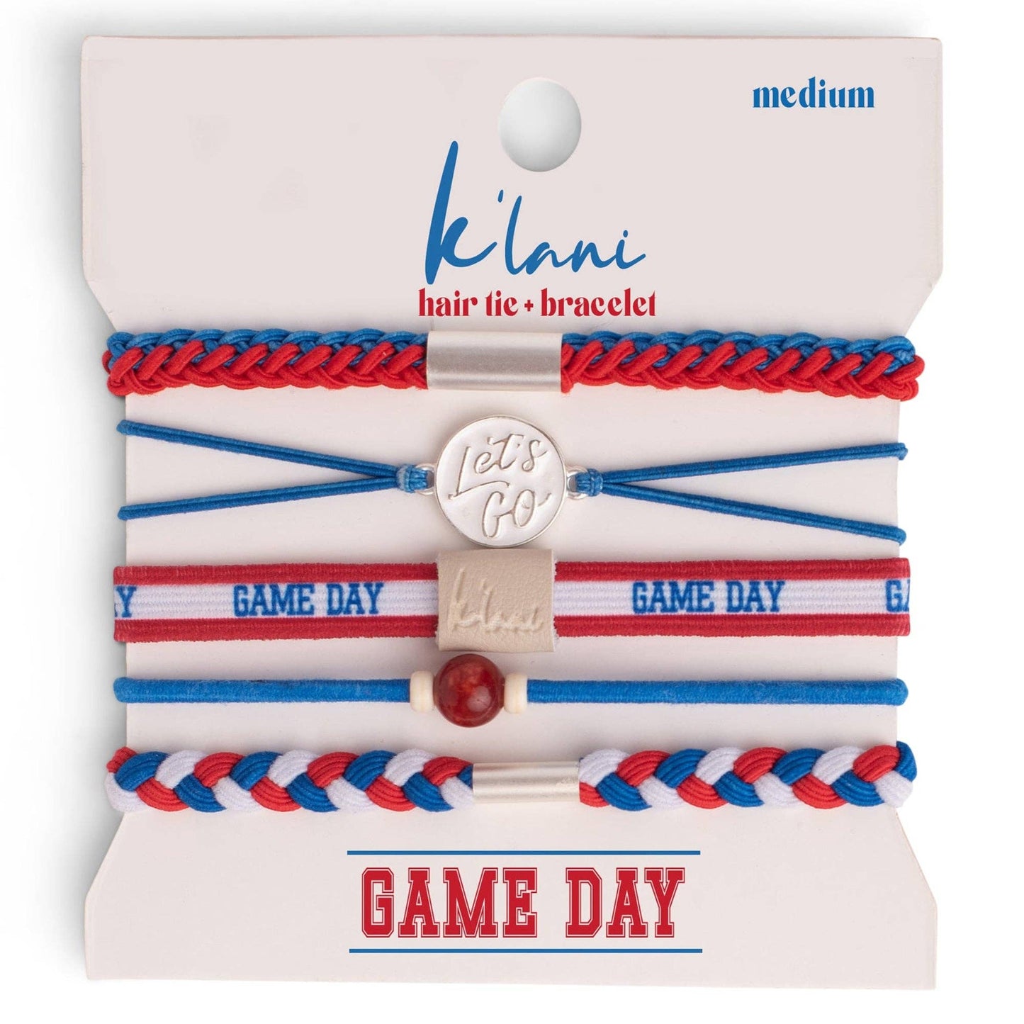 Game Day set of five red, blue, and white hair tie bracelets with a “Let’s Go” charm and natural stone bead accent.