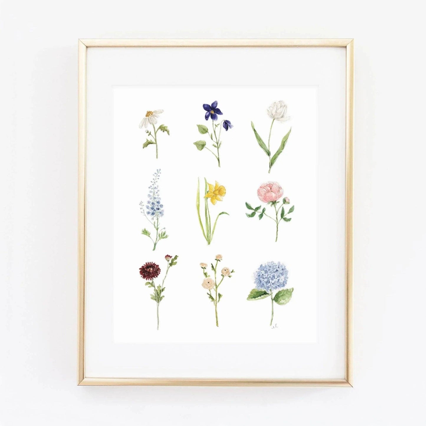 Garden Flowers Collection Watercolor Art Print by Emily Lex featuring an original watercolor illustration of a colorful assortment of blooming garden flowers.