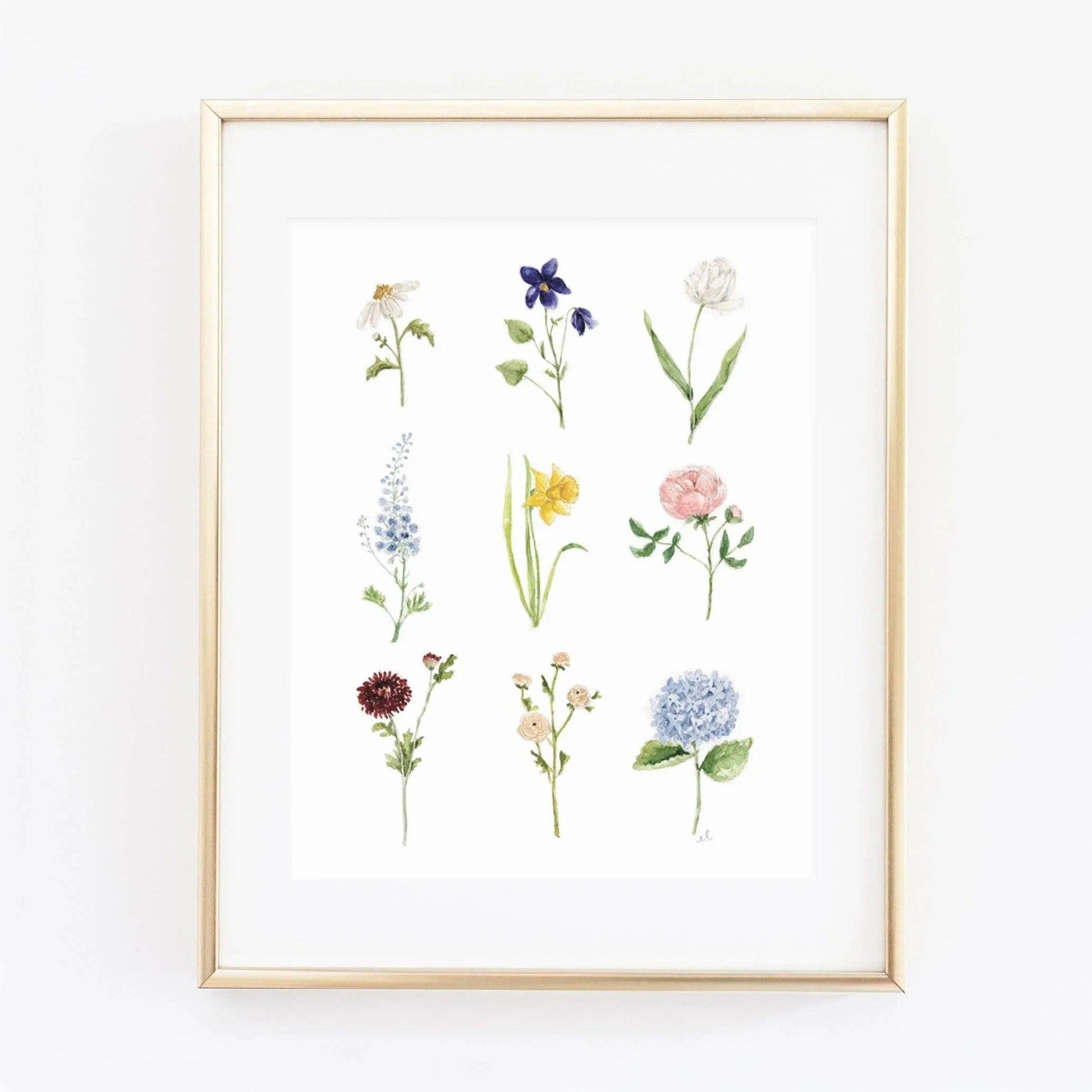 Garden Flowers Collection Watercolor Art Print by Emily Lex featuring an original watercolor illustration of a colorful assortment of blooming garden flowers.