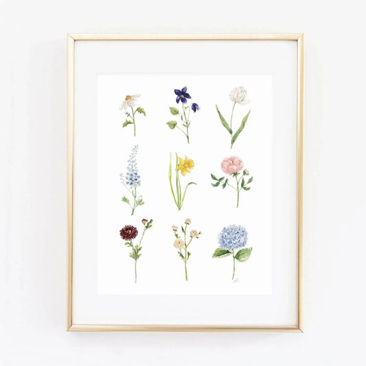 Garden Flowers Collection Watercolor Art Print by Emily Lex featuring an original watercolor illustration of a colorful assortment of blooming garden flowers.