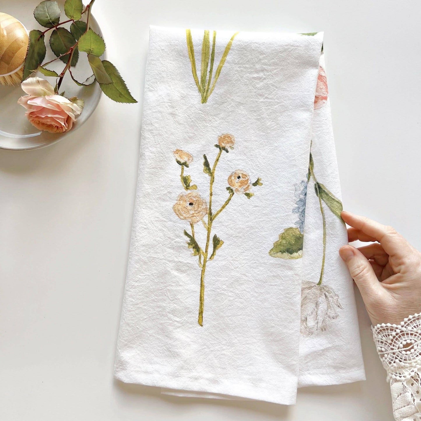 Garden Flowers Cotton Flour Sack Tea Towel featuring original watercolor artwork by Emily Lex.