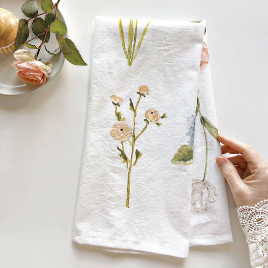 Garden Flowers Cotton Flour Sack Tea Towel featuring original watercolor artwork by Emily Lex.